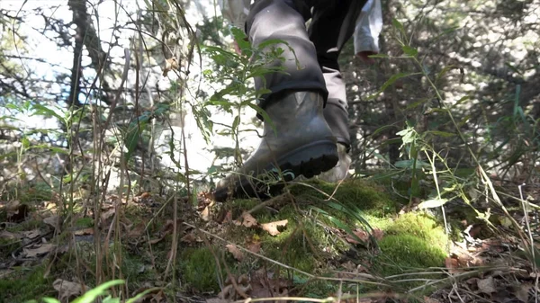 Gros plan pour des chaussures de randonnée en action sur un sentier de montagne. Des images. Gros plan des bottes et des jambes de l'homme grimpant le sentier rocheux dans la forêt . — Photo