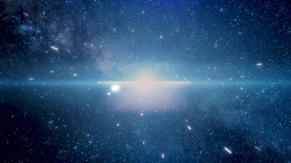 Volo veloce pazzo in iperspazio di spazio tra nebulose e stelle azzurre e sfondo cosmico nero. Volare veloce verso la grande esplosione stellare, concetto di spazio esterno . — Foto Stock
