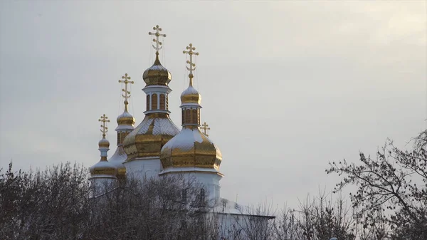 Große, schöne Kirche mit Schnee, der auf goldenen Kuppeln auf klarem, grauem Himmel liegt. Aktien. Winterlandschaft der Kathedrale zwischen den Bäumen. — Stockfoto