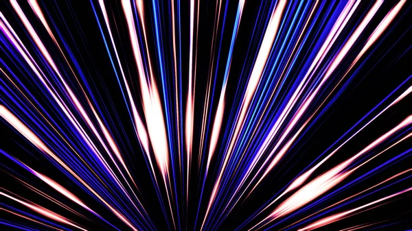 Vackra rak stråle lyste från en punkt på svart bakgrund. Abstrakta animering av direkt blått och lila linjerna skimrande. — Stockfoto