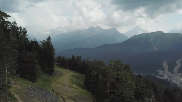 Flygfoto över bergen på kusten täckt med tallskog. Flygfoto över vackra landskap. Visa sommaren gröna träd, moln och berg — Stockvideo