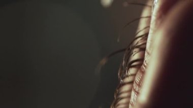 Kuaför müşteri makas yakın çekim ile saç keser. Çerçeve. Penye saç ve kesme kuaförlük makasla berber. Profesyonel kuaför makası ile yakın çekim erkek Kuaför