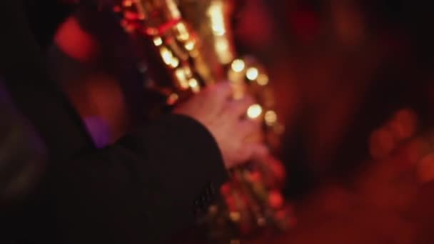 Фотография музыканта, играющего на саксофоне. На складе. Мужчина-музыкант играет на саксофоне крупным планом, вид сзади — стоковое видео