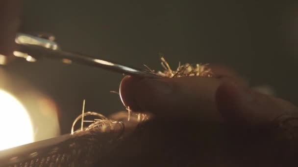 Barber coupe les cheveux du client avec des ciseaux gros plan. Cadre. Coiffeur peigner les cheveux et la coupe avec des ciseaux de coiffure. Gros plan coiffure masculine avec ciseaux professionnels de coiffure — Video