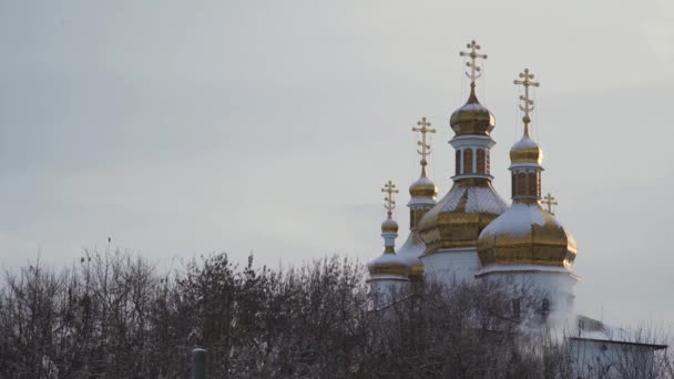 Grande, bella chiesa con neve adagiata su cupole dorate su sfondo cielo chiaro e grigio. Azioni. Paesaggio invernale della Cattedrale in piedi tra gli alberi . — Video Stock