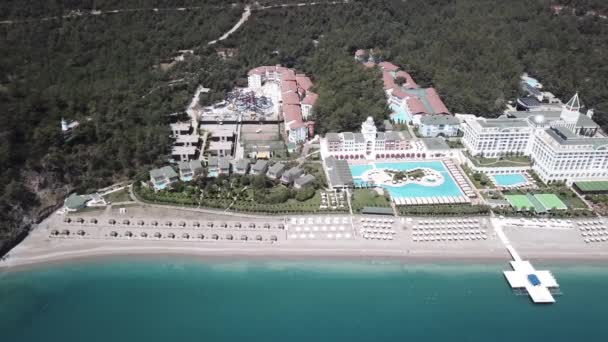 Hotel on the shore of the blue sea. Video. White sand, beautiful beach, tall palm trees. Vacation on the shore of the ocean. Aerial view — Stock Video