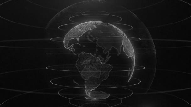 Planeet aarde roterende bedrijfsconcept animatie-technologie van de toekomst. Digitale glimmende bol van de aarde. Rotatie van glanzende planeet met gloeiende deeltjes — Stockvideo