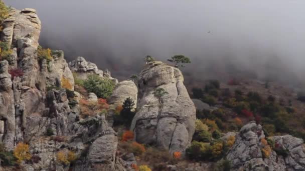 Hermoso paisaje, formaciones rocosas cordilleranas. Le dispararon. Aventura verano belleza de la naturaleza. Cordillera entre las nubes — Vídeos de Stock