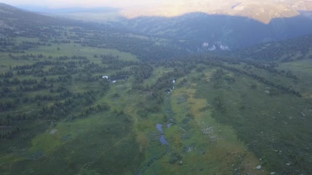 Prachtige vlucht naar het mooie dal met bossen in de bergen. Clip. Mooie groene vallei omringd door beboste heuvels en zonnige berghellingen gedekt — Stockvideo