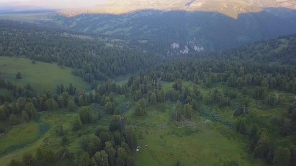 Prachtige vlucht naar het mooie dal met bossen in de bergen. Clip. Mooie groene vallei omringd door beboste heuvels en zonnige berghellingen gedekt — Stockvideo