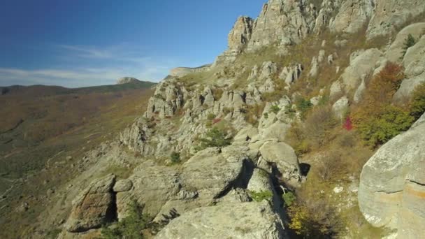 Vista aérea das falésias rochosas. Atingido. Montanhas rochosas e árvores — Vídeo de Stock