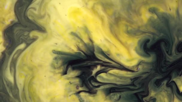 Vue de dessus des peintures colorées mélangées dans l'eau. Belles taches d'encre jaune et noir fond . — Video