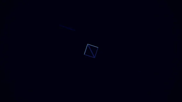 I bordi astratti del cubo al neon ruotano caoticamente, distorcendo le forme su sfondo nero. Figura geometrica di volume bianco e blu che gira, si avvicina e vola via . — Foto Stock