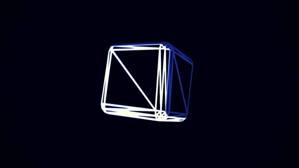 Abstract neon cube edges rotating chaotically, distortings shapes on black background. White and blue volume geometrical figure spinning, getting closer and flying away.