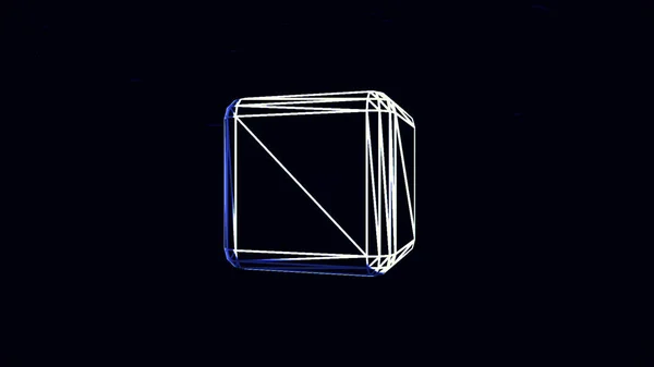 Abstract neon cube edges rotating chaotically, distortings shapes on black background. White and blue volume geometrical figure spinning, getting closer and flying away.