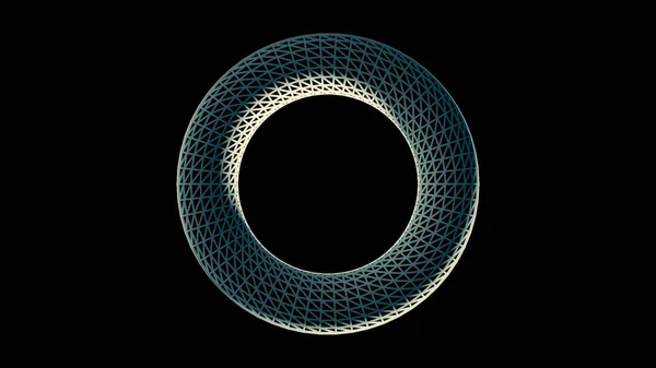 Forma abstrata, elemento branco em estilo holograma wireframe girando sobre fundo preto com pequenos pontos brancos. Modelo de volume monocromático de uma fiação de anel transparente . — Fotografia de Stock