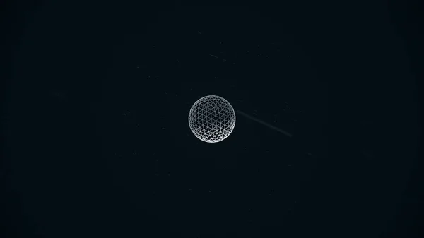 Sphère blanche abstraite tournante animée construite avec des points lumineux, des lignes croisées, une boucle transparente. Balle abstraite et transparente filant sur fond noir avec volant, petits points, monochrome . — Photo