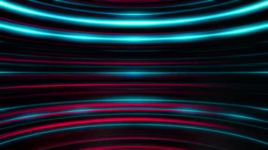 Animasyon renkli parıldayan ve siyah bir zemin üzerine eğri mavi ve kırmızı çizgiler. Arka plan.