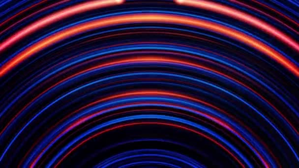 Fond abstrait avec des cercles rouges et bleus animés se déplaçant et scintillant dans un tunnel avec lumière au néon. Animation colorée . — Video