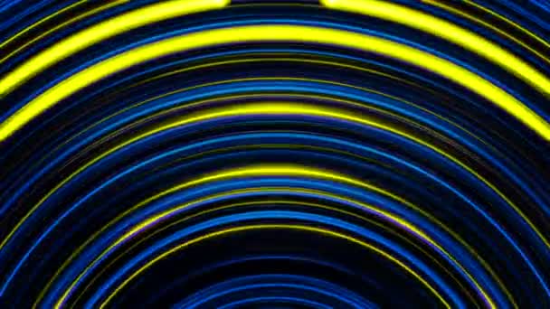 Абстрактный фон с анимационными желтыми и синими кругами, движущимися и мерцающими в тоннеле неоновым светом. Красочная анимация . — стоковое видео