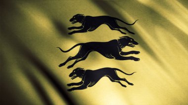 Altın sallama bayrağı arka planda farklı yönlerde runing üç köpek siyah siluetleri, kesintisiz döngü. Clegane ev amblemi, Thrones kavramı oyunu.