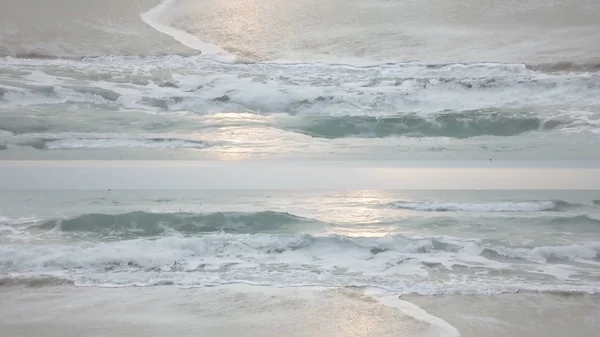 Vackra seascape med spegeleffekt horisont med vågorna kraschar på stranden. Ändlösa vågor med solen speglar på vatten ytan, starten tema. — Stockfoto