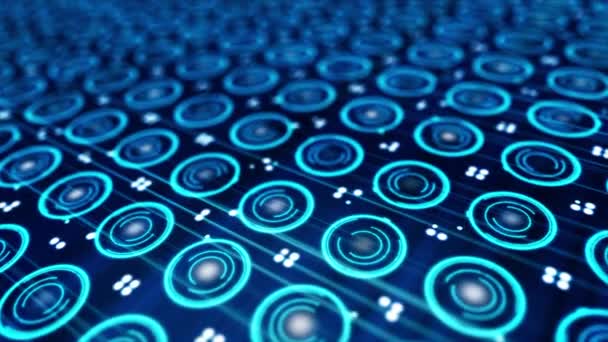 Pattern of small blue spinning circles and pixels moving on a electronic screen. Close-up of rotating neon circles. — Stock Video