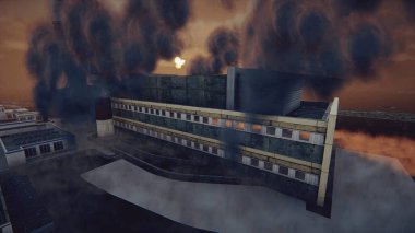 Kalın duman, ekolojik problemler ve hava kirliliği kavramı bitki ve soyut fabrikada sigara bacaları. Bitki boru dumanlı karanlık, turuncu gökyüzü karşı.