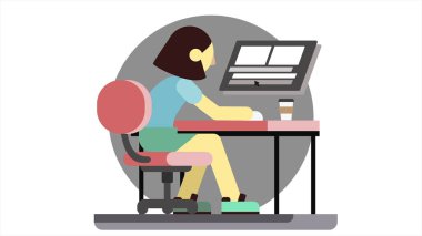 Kızgın bir kadın, bir bilgisayar, slams yumruk üzerinde tablo ve içecekler kahve oturmak çizgi film animasyon. Şematik çizilmiş stresli Yöneticisi kız onun iş başarısız olur ve gergin olur.