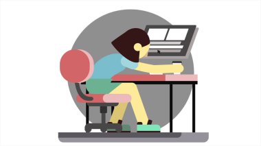 Kızgın bir kadın, bir bilgisayar, slams yumruk üzerinde tablo ve içecekler kahve oturmak çizgi film animasyon. Şematik çizilmiş stresli Yöneticisi kız onun iş başarısız olur ve gergin olur.