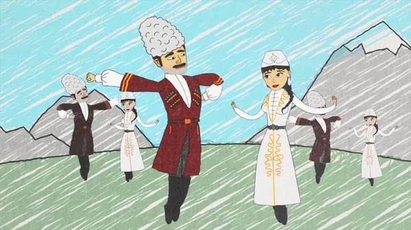 Cartoon animation with armenian men and women in national clothes dancing lezghinka in front of mountains. People moving in armenian dance and then turning into eagles and swans and fly away.