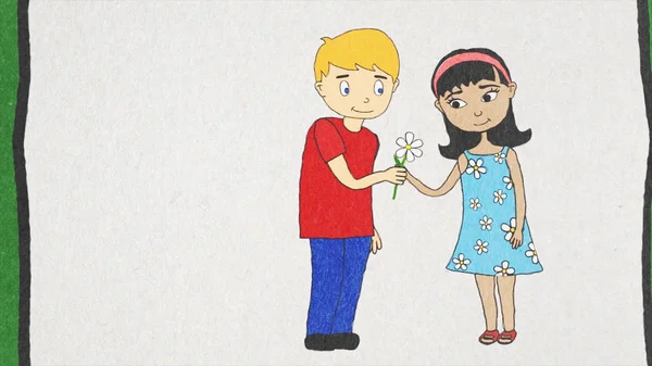 Cartoon animation with a boy giving a flower to a girl on white background, friendship concept. Girl kissing a boy on his cheek after getting a flower.