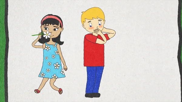 Cartoon animation with a boy giving a flower to a girl on white background, friendship concept. Girl kissing a boy on his cheek after getting a flower.