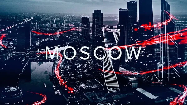 Beautiful animation with different cities names surrounded by red, neon waves on monochrome cityscapes background. Moscow, Tokyo, Seoul, Singapore, Hong Kong against aerial city view. — Stock Photo, Image