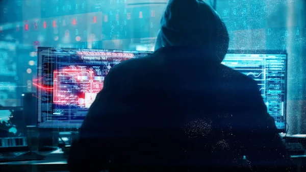 Hacker programing in technology enviroment with cyber icons and symbols. Abstract animation with unrecognizable hooded hacker hacking artificial neural network, cybersecurity concept.