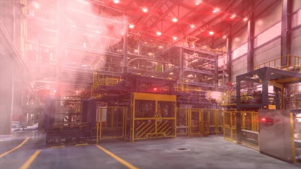 Absztrakt ipari gyár üzlet piros jelzőfények és a füst, sürgősségi helyzet. Az épület nem biztonságos, veszélyes állapotban műhely. — Stock Fotó