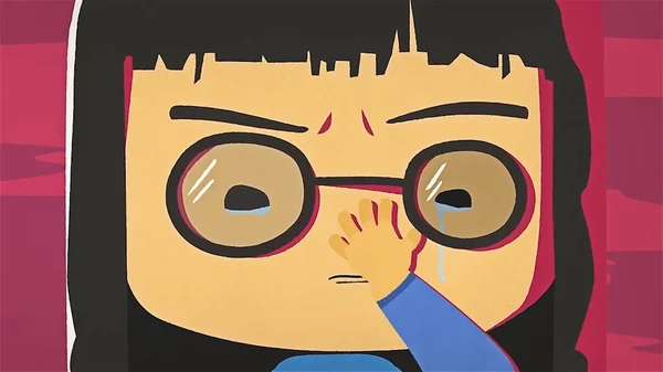 Cartoon cute girl portrait crying and whiping her tears by her hand. Asian stressed anime girl with glasses feeling sad and crying, negative emotions concept. — Stock Photo, Image