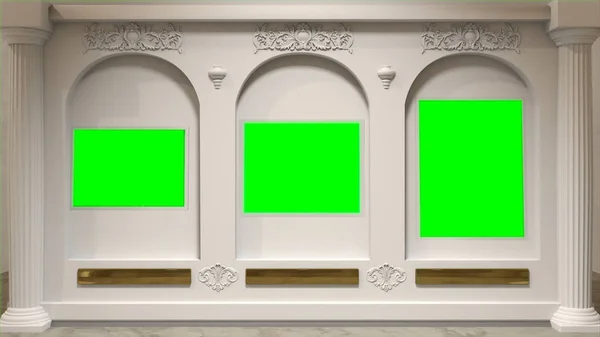 Galeria de arte com arcos na parede e os espaços cromakey em vez de pinturas. Telas verdes na parede do museu . — Fotografia de Stock