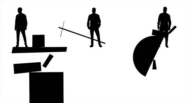 Black man silhouettes moving geometrical figures on white background. Suprematism art style with three abstract men in action, monochrome. — Stock Photo, Image