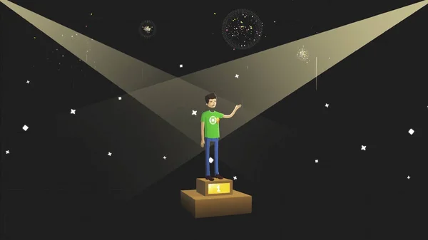 Successful young man standing on abstract pedestal on black background with photoflashes, fireworks and sophits, cartoon animation. Winner boy on pedestal waving his hand.