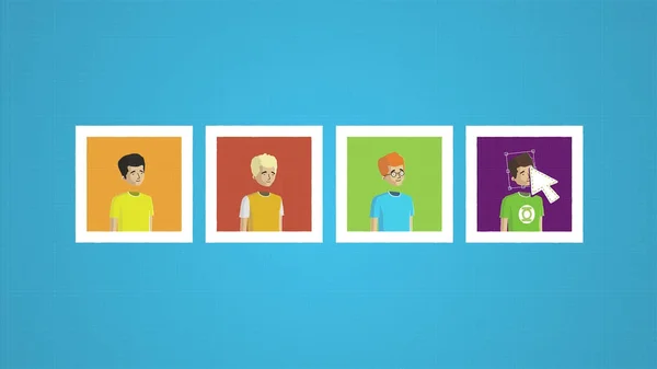 Animazione di cartoni animati con programma per computer in fase di copia del volto dell'uomo e incollarlo ad altri corpi su sfondo blu. Moderna applicazione di editing, presentazione visiva . — Foto Stock