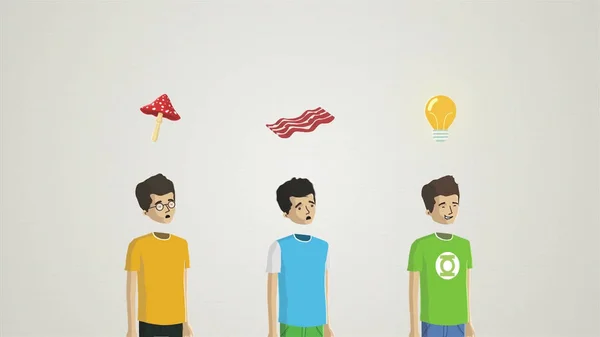 Cartoon animatie met drie jongemannen en objecten boven hun hoofden geïsoleerd op een witte achtergrond. Fly agaric, een strook van spek en een lamp boven de hoofden van drie abstracte jongens. — Stockfoto