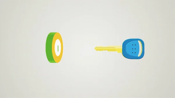 Cartoon animation with a key being inserted and turned in the lock, safety concept. Close up for an abstract key being put into keyhole and the mechanism of the door lock on white background.