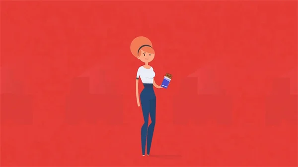 Animation de dessin animé d'une femme mangeant une barre de chocolat sur fond rouge. Informations visuelles sur la consommation de chocolat . — Photo