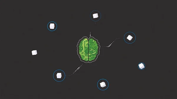 Animation de dessin animé d'un cerveau comme une micropuce recevant des ondes de signal sur fond gris. tête de cerveau connecter les lignes numériques, l'expansion de l'intelligence artificielle, concept de technologie moderne . — Photo