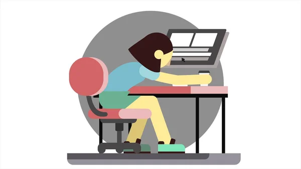 Animación de dibujos animados de una mujer enojada sentada en una computadora, golpea con el puño en la mesa y bebe café. estresado gerente chica dibujado esquemáticamente falla su trabajo y se pone nervioso . —  Fotos de Stock