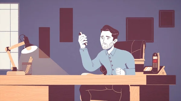 Animation of a tired and stressed businessman working at a workplace in office. Animated cartoon of a young exhausted worker under pressure with ringing phones and a secretary nearby.