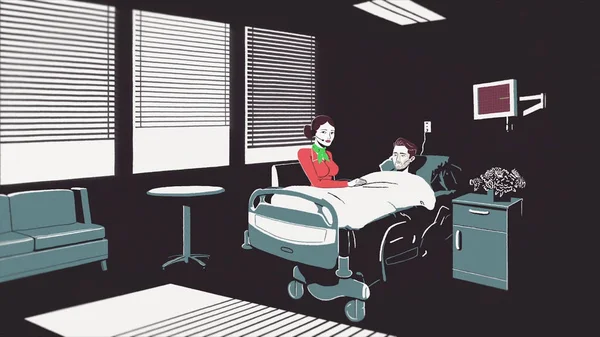 Zeichentrickfilm mit einem sterbenden Mann, der im Krankenhaus auf einem Bett liegt, und einer Frau, die daneben sitzt. Herzstillstand eines jungen Mannes auf dem EKG-Monitor bei Feindseligkeit, Krankheit und Tod. — Stockfoto
