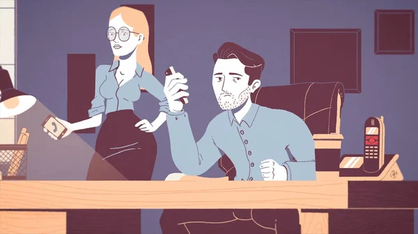 Animation eines müden und gestressten Geschäftsmannes, der an einem Arbeitsplatz im Büro arbeitet. animierte Karikatur eines jungen erschöpften Arbeiters unter Druck mit klingelnden Telefonen und einer Sekretärin in der Nähe. — Stockfoto