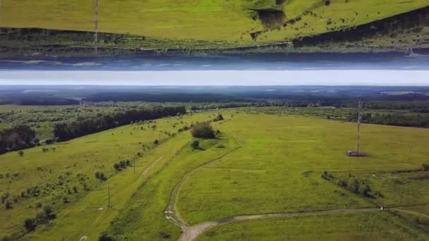 Vue aérienne de la belle prairie verte avec des arbres et des buissons dans une journée d'été ensoleillée, effet d'horizon miroir. Superbe paysage de champs verts et de forêts, thème de l'inseption . — Video